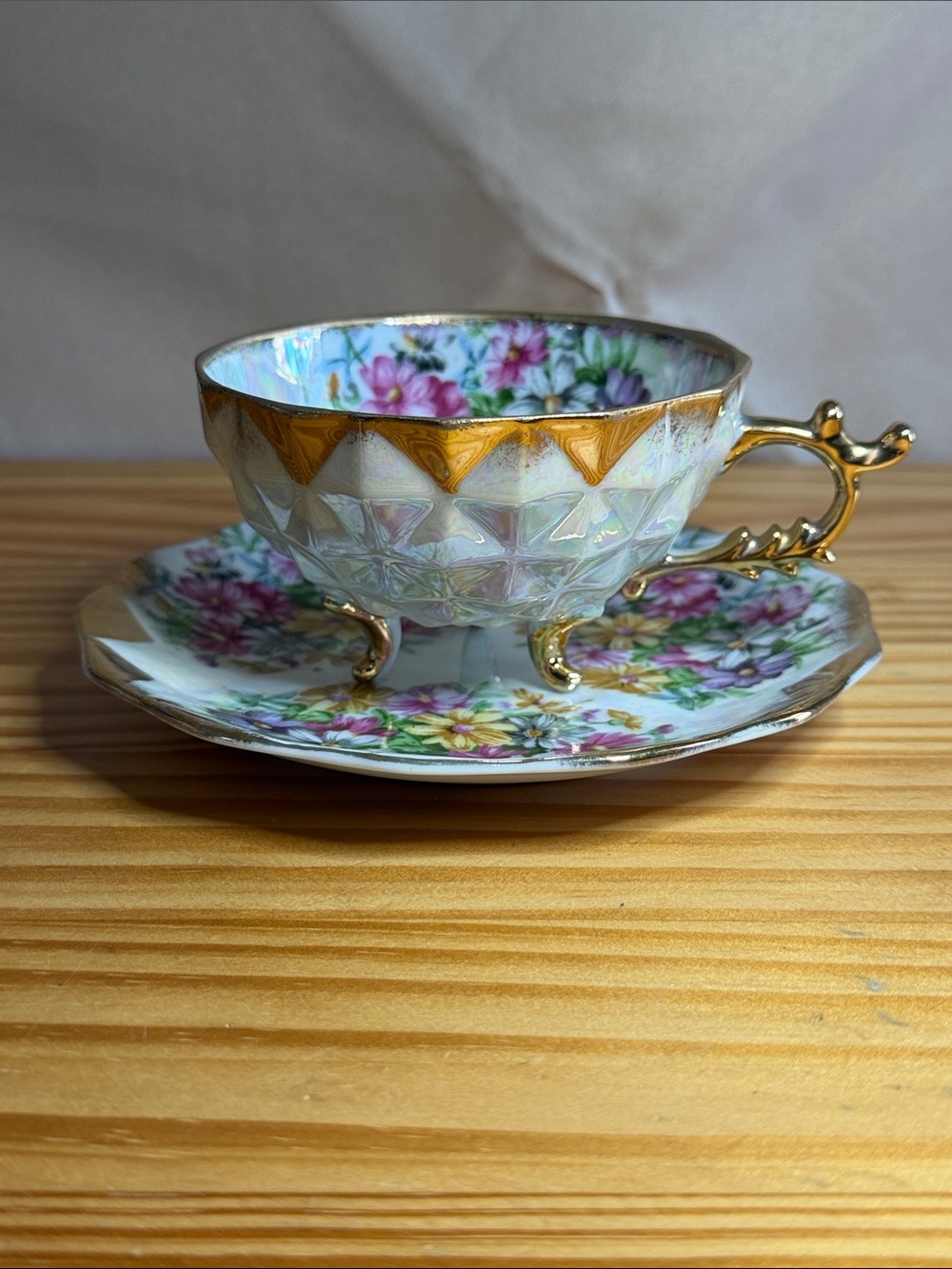Vintage Norcrest Japan Lusterware Footed Teacup & Saucer Set C-110 Chintz Daisy